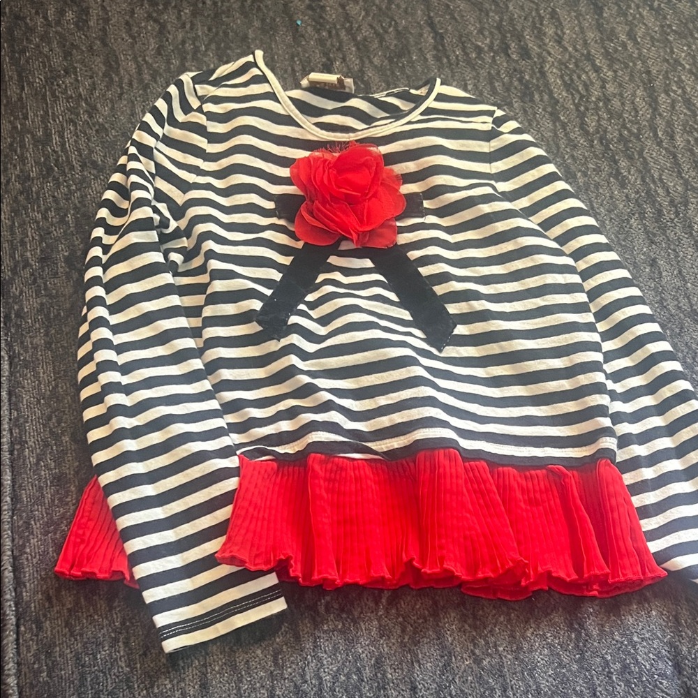 Kate Spade Striped Black & White Long Sleeve Top with Red Floral Accent size 7Y